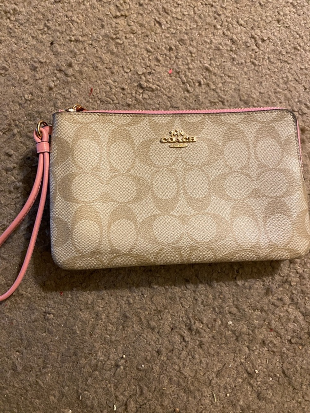 Coach Beige Signature Canvas Wristlet with Pink Trim